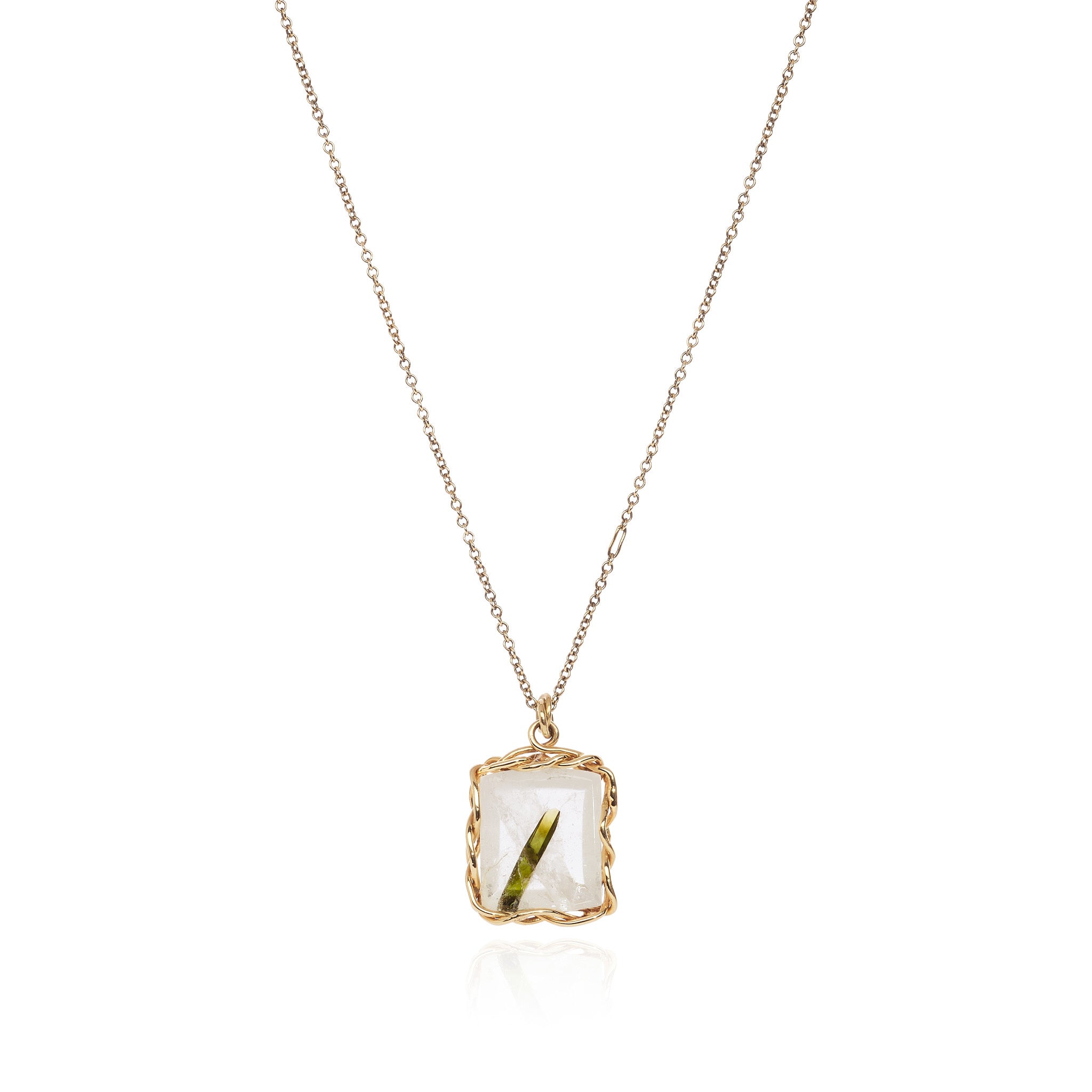 Green Tourmaline "Grass" in Quartz 18k Gold Pendant