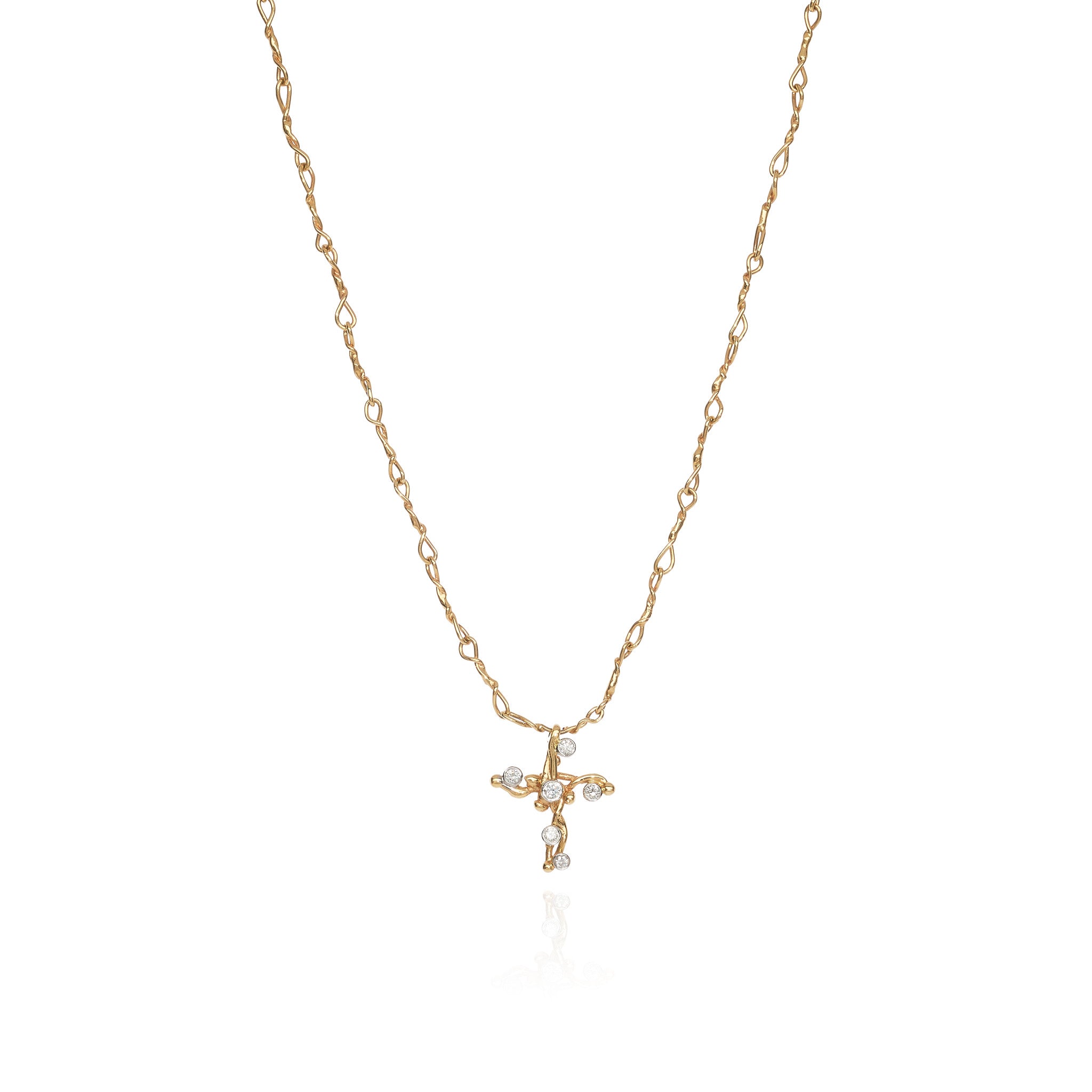 Small 18k Yellow Gold 'Vine' Cross With Diamonds