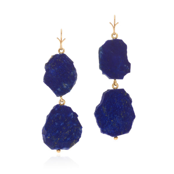 Lapis double drop earring with 18k yellow gold vine ear hook.