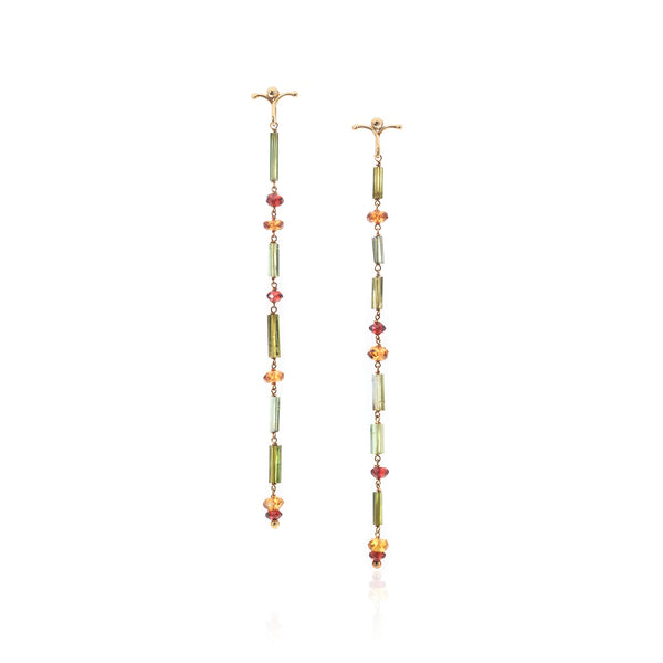 Mixed gemstone long earring with 18k yellow gold details.