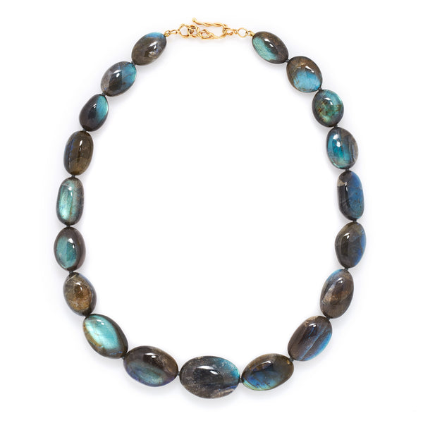 Labradorite smooth pebble necklace with an 18k yellow gold vine clasp.