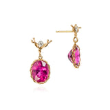 Rubelite faceted oval drop earring in 18k yellow gold vine with diamond ear wire.