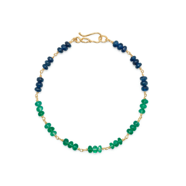 Emerald & Blue Sapphire Roundel Bead Bracelet with 18k Yellow Gold Links & Hook Clasp.