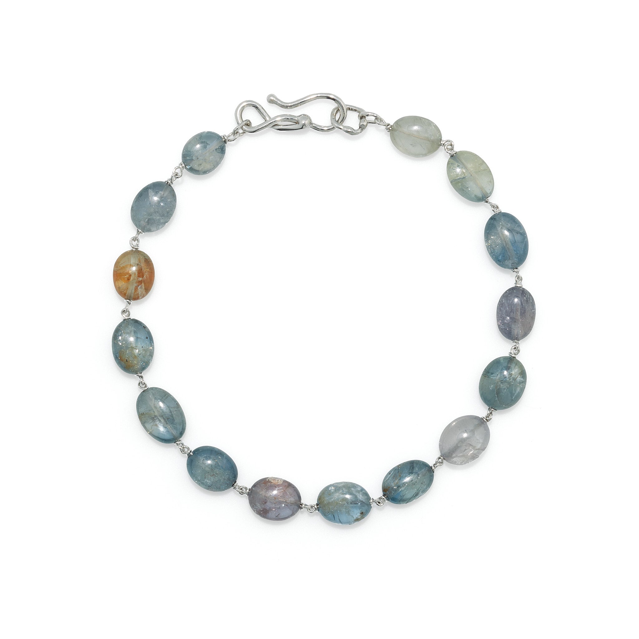 Mixed Winter Blue Sapphire Pebble Bracelet with 18k White Gold Links. Hook Clasp.