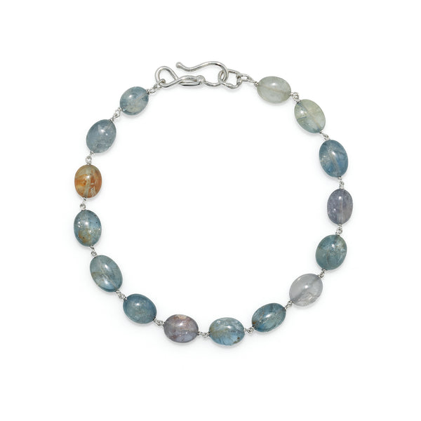 Mixed Winter Blue Sapphire Pebble Bracelet with 18k White Gold Links. Hook Clasp.