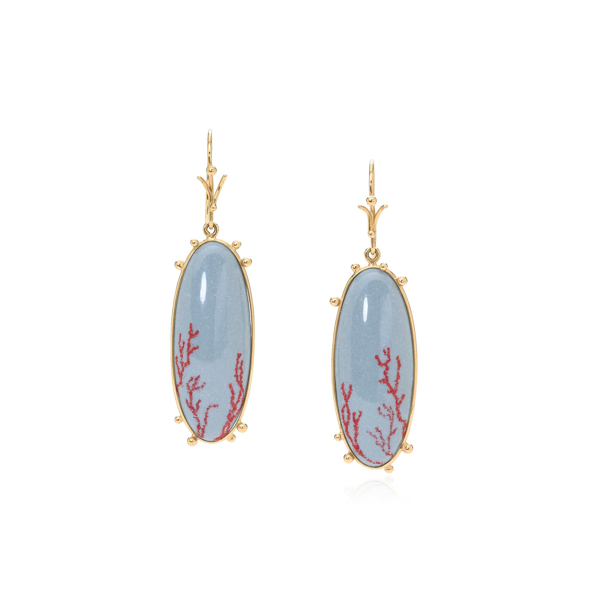 Grey Enamel Oval Earring with Painted Red Coral