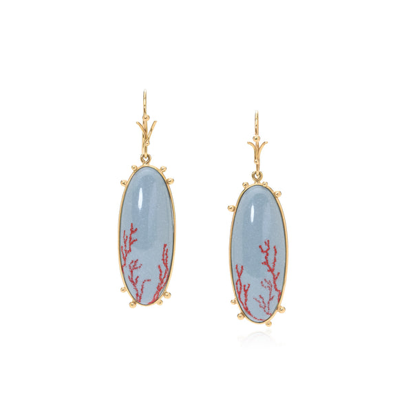 Grey Enamel Oval Earring with Painted Red Coral