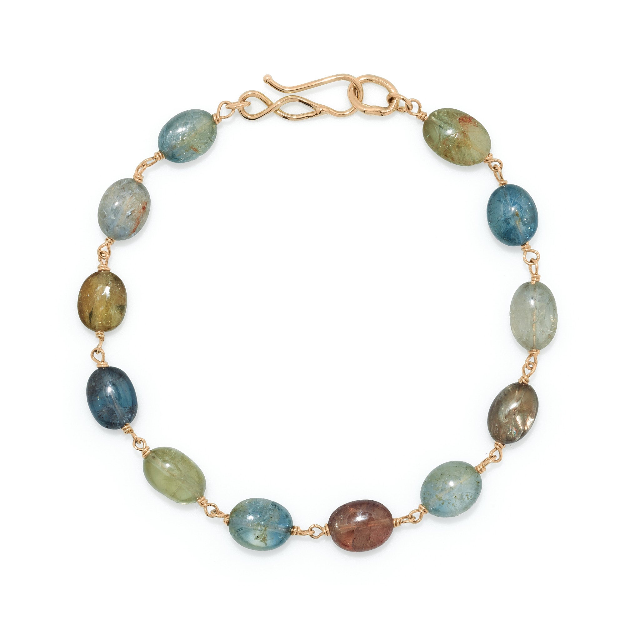 Mixed Warm Sapphire Pebble Bracelet with 18k Yellow Gold Links. Hook Clasp