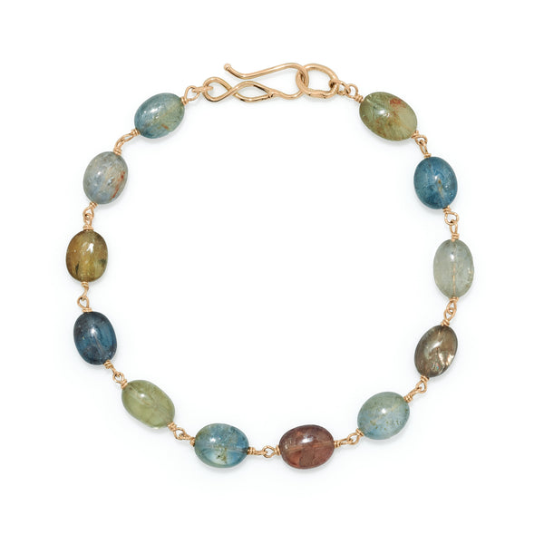 Mixed Warm Sapphire Pebble Bracelet with 18k Yellow Gold Links. Hook Clasp