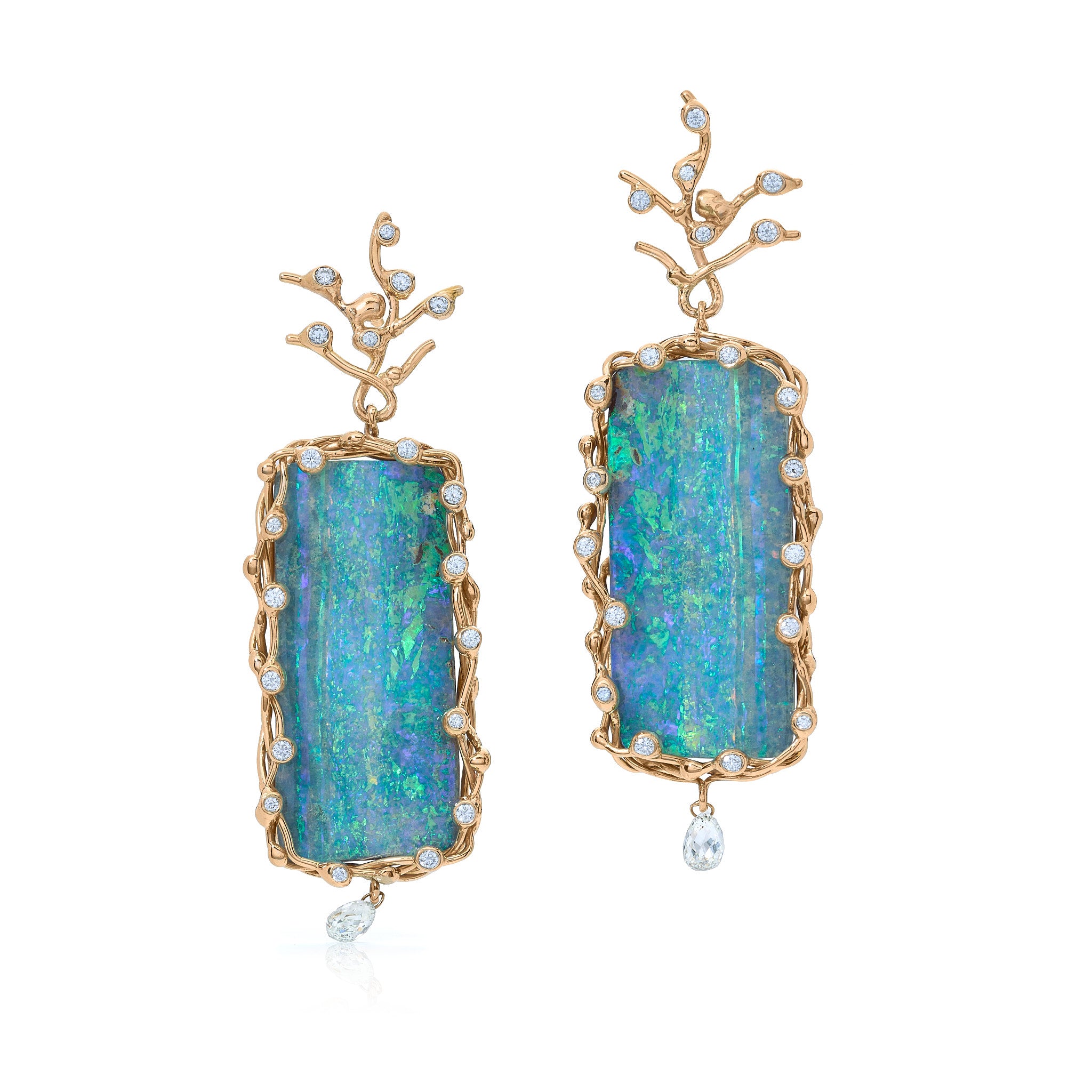 Boulder Opal Rectangular Earrings Set in 18k Yellow Diamond Vine