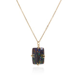 Boulder opal cushion cut pendant in an 18k yellow setting on a reclaimed antique finish chain.