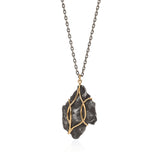 Meterorite Pendant in 18k Yellow Gold Vine. Oxidized Sterling Chain. 18k Yellow Gold Clasp.