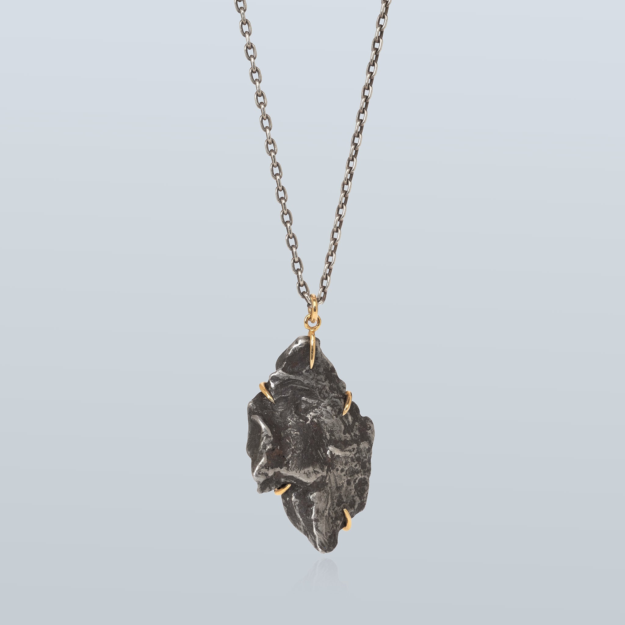Meterorite Pendant in 18k Yellow Gold Vine. Oxidized Sterling Chain. 18k Yellow Gold Clasp.