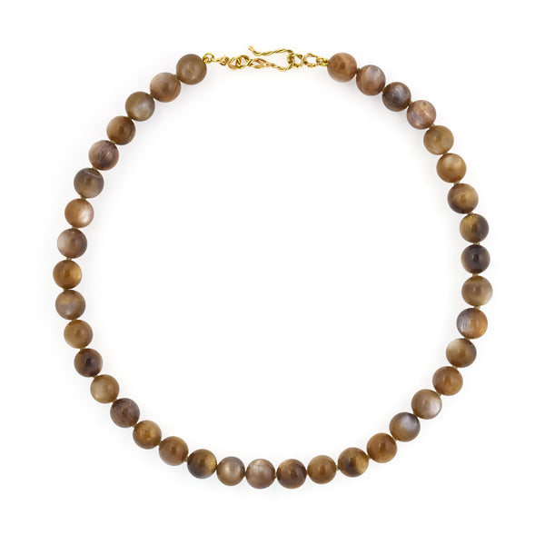 Golden moonstone round bead necklace with an 18k yellow gold clasp.