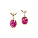 Rubelite faceted oval drop earring in 18k yellow gold vine with diamond ear wire.
