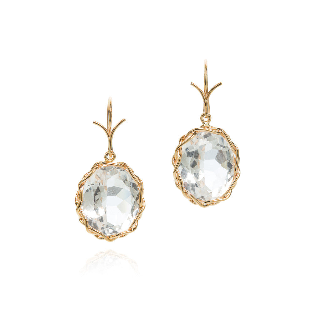 Rock crystal oval faceted earrings in 18k yellow gold vine